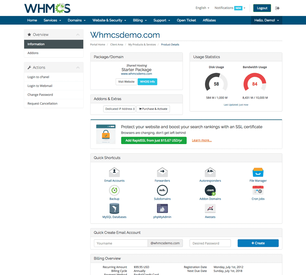 محیط کاربری whmcs