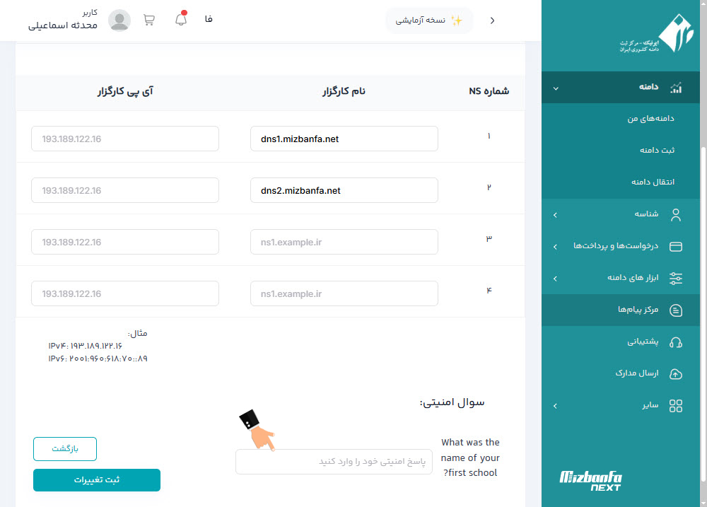 ثبت dns در ایرنیک