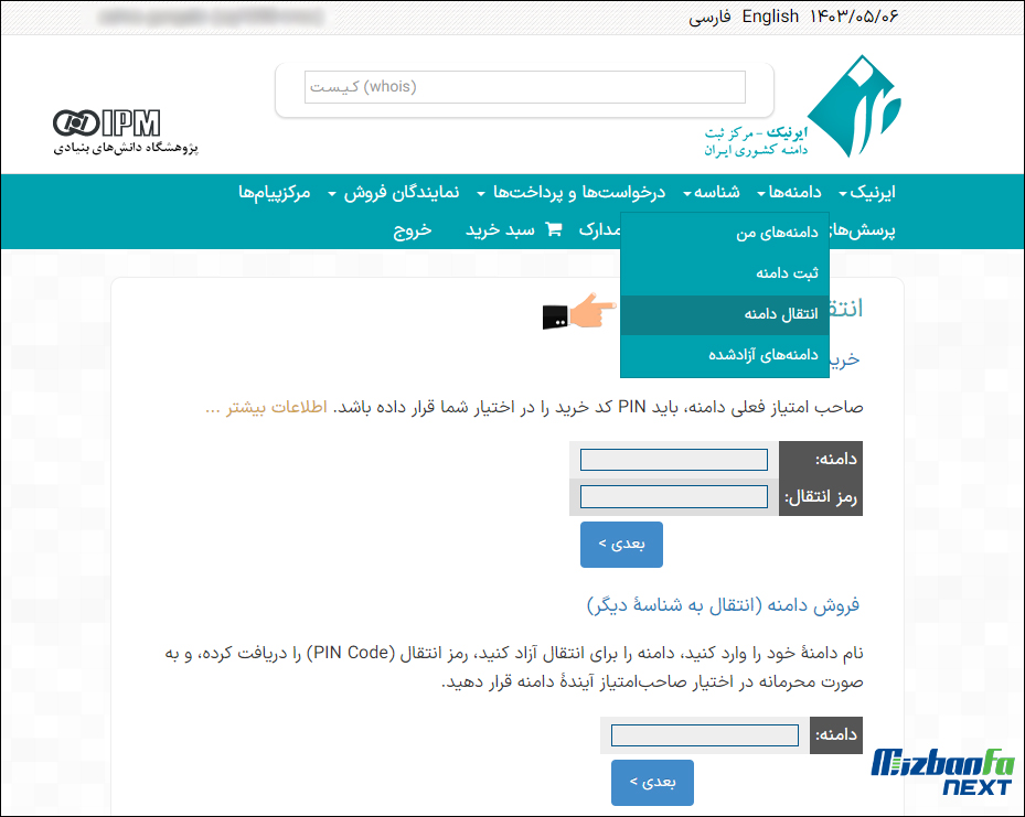 انتقال دامنه در ایرنیک