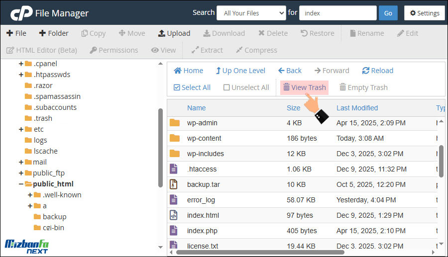  بازیابی فایل های حذف شده سی پنل با restore