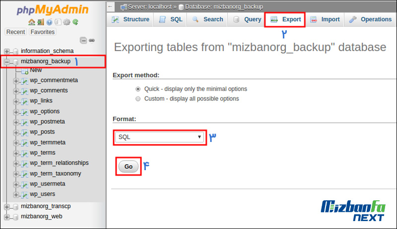 تهیه خروجی Databases