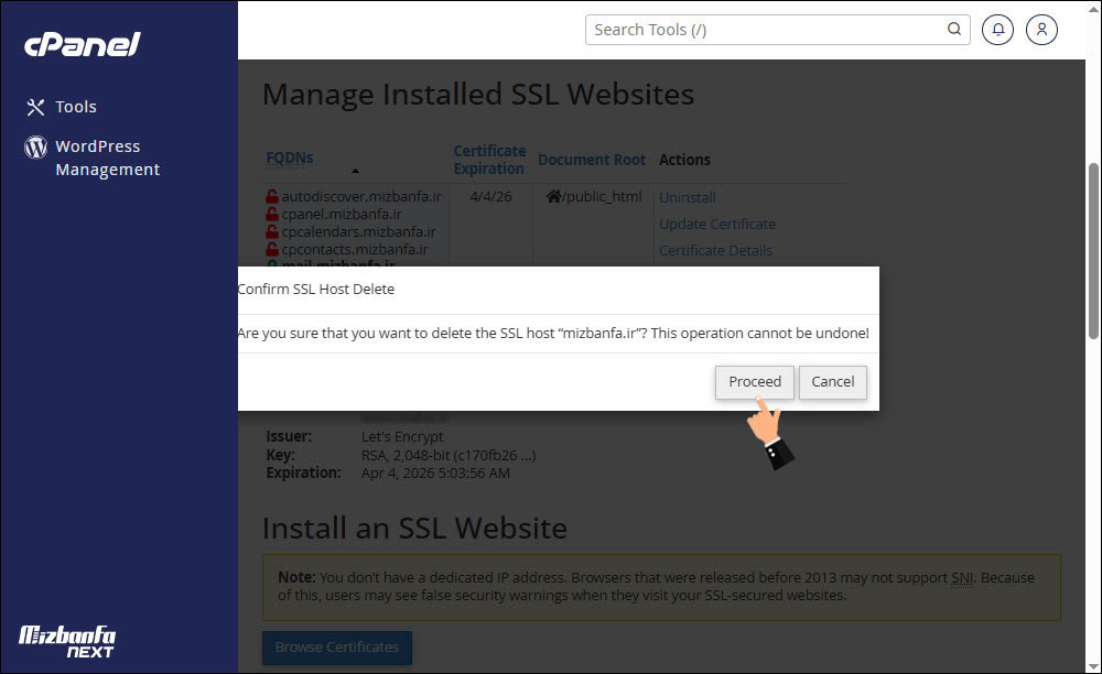 حذف ssl در cpanel