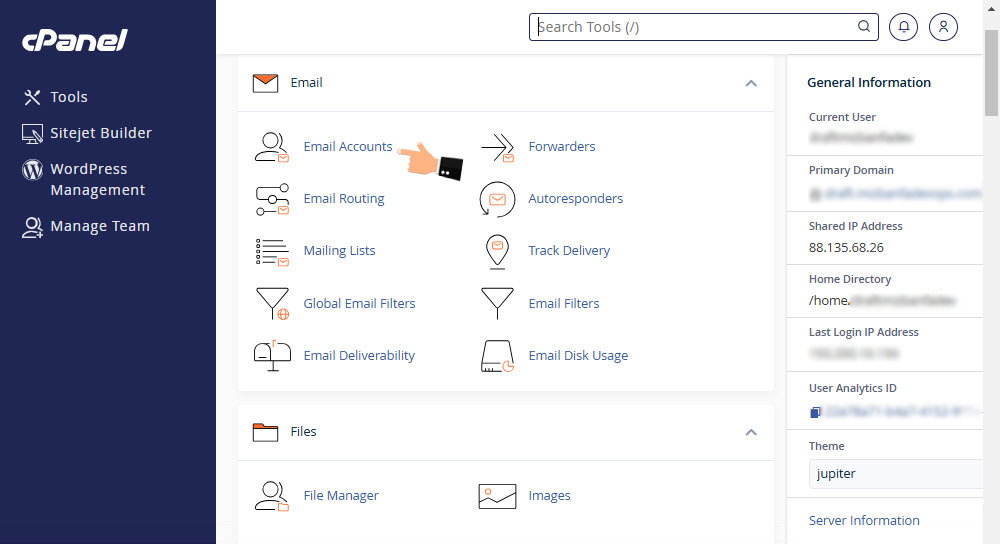 مدیریت ایمیل های هاست سی پنل در بخش Email Accounts
